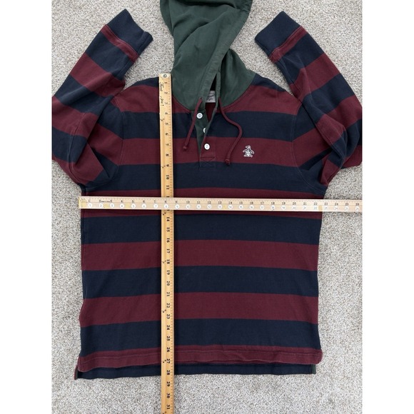 Penguin Munsingwear Rugby Hooded Sweatshirt Mens L Navy Burgundy Green Pullover - Picture 7 of 10